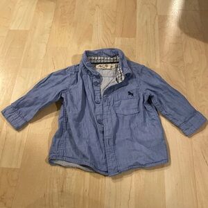 H&M Logo blue long sleeve button down with plaid elbow patches, 4-6 months
